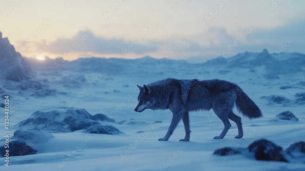 Fototapeta premium A wolf strides across a snowy landscape