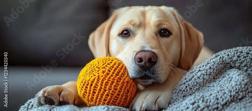 Yellow Lab resting on couch, knitted toy, cozy home. Stock photo