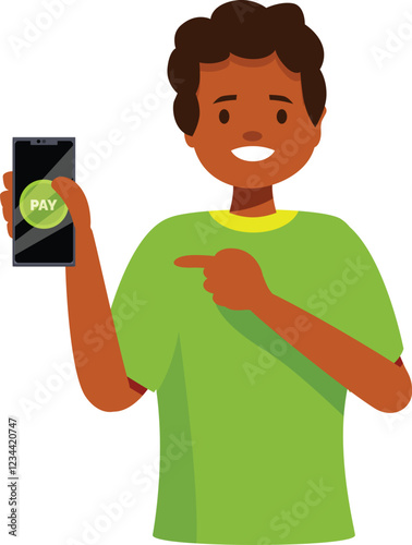 Young man pointing at smartphone and paying online using mobile payment app