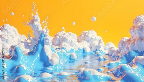 A three-dimensional abstract landscape with a vibrant yellow background, featuring glossy blue waves and white cloud-like structures. The composition conveys a sense of movement, freshness, and