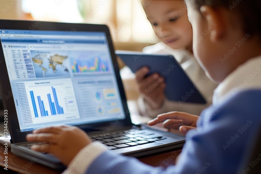 Two children using laptop and tablet, analyzing data. Two children using laptop and tablet, analyzing data.