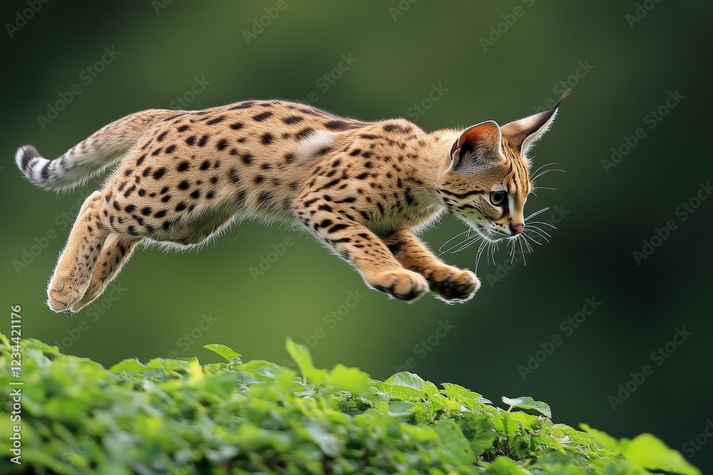 Fototapeta premium Serval leaps gracefully over lush greenery in its natural habitat showcasing agility and playfulness