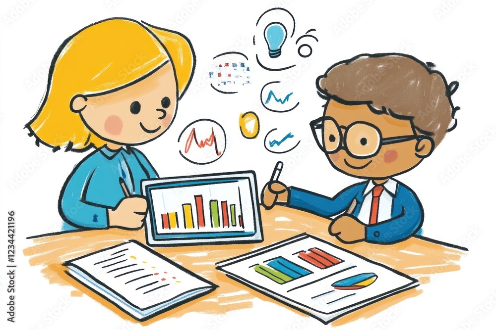 Two children analyzing data on tablet and papers. Two children analyzing data on tablet and papers.