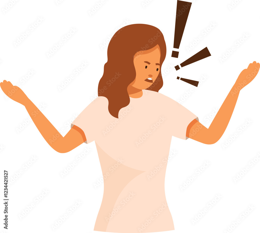 Woman expressing anger, shouting and arguing with raised hands and exclamation marks Woman expressing anger, shouting and arguing with raised hands and exclamation marks