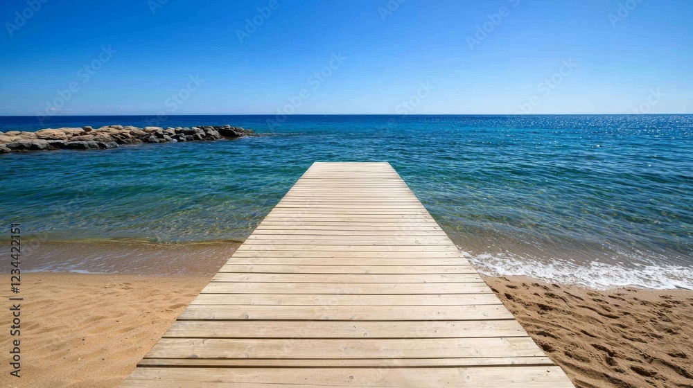 Scenic Wooden Dock on Serene Beach Ocean View Summer Bliss Tranquil Environment Inviting Perspective Scenic Wooden Dock on Serene Beach Ocean View Summer Bliss Tranquil Environment Inviting Perspective