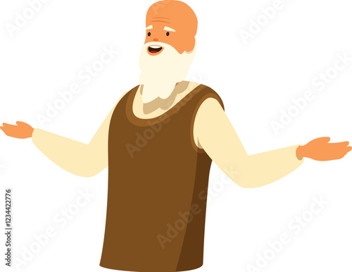 Happy grandfather showing something with open hands, presenting or welcoming, isolated on white background