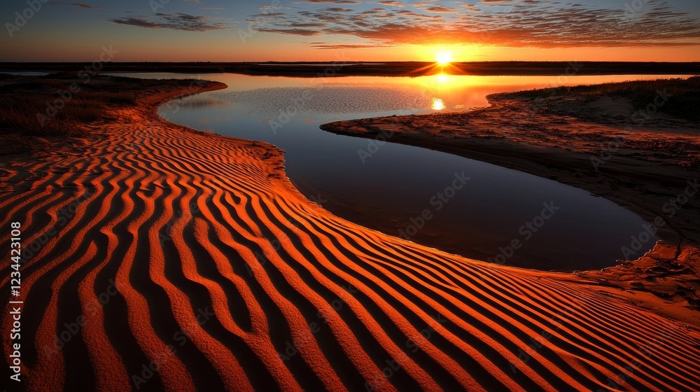 Naklejka premium Sunset Over Coastal Sand Dunes Scenic Landscape Nature Photography Tranquil Environment Golden Hour View