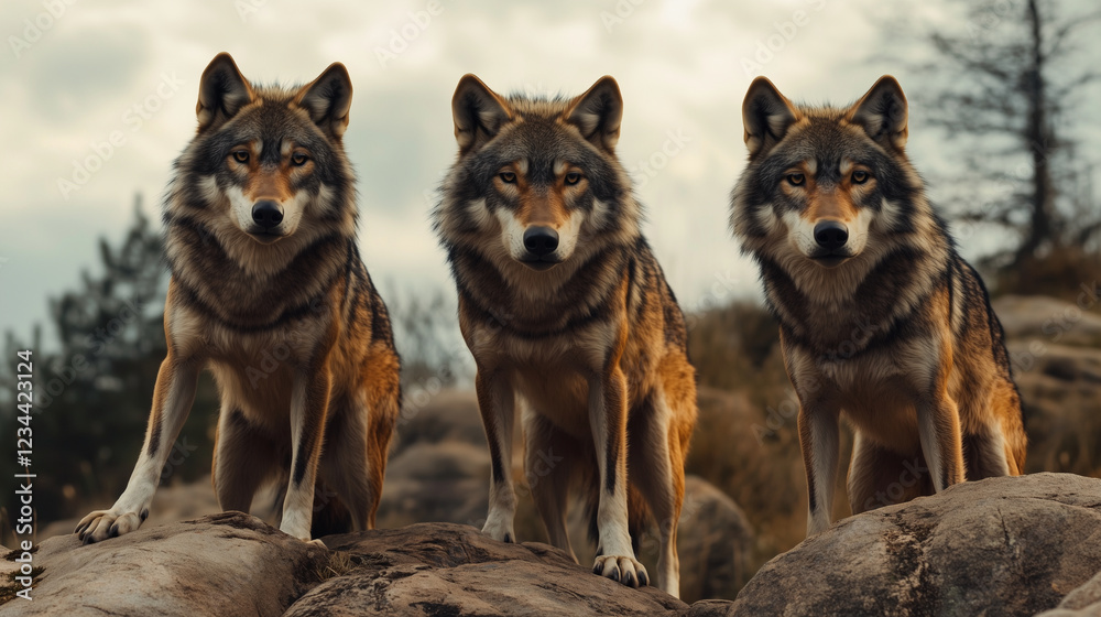 Three wolves sit alert on a rocky hilltop Three wolves sit alert on a rocky hilltop