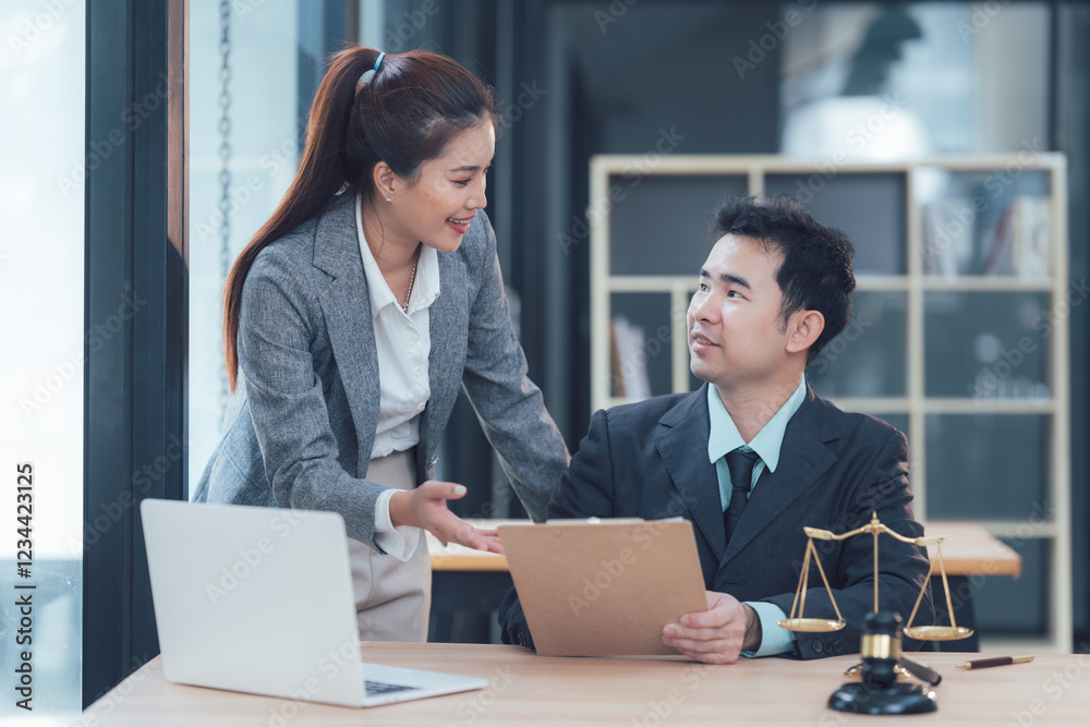 Legal Consultation: Two Asian lawyers, a man and a woman, are engaged in a professional discussion in a modern office setting. The image conveys a sense of collaboration, trust, and expertise. Legal Consultation: Two Asian lawyers, a man and a woman, are engaged in a professional discussion in a modern office setting. The image conveys a sense of collaboration, trust, and expertise.