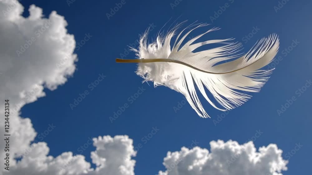 White feather floating against a bright blue sky with fluffy clouds, lightness and freedom concept