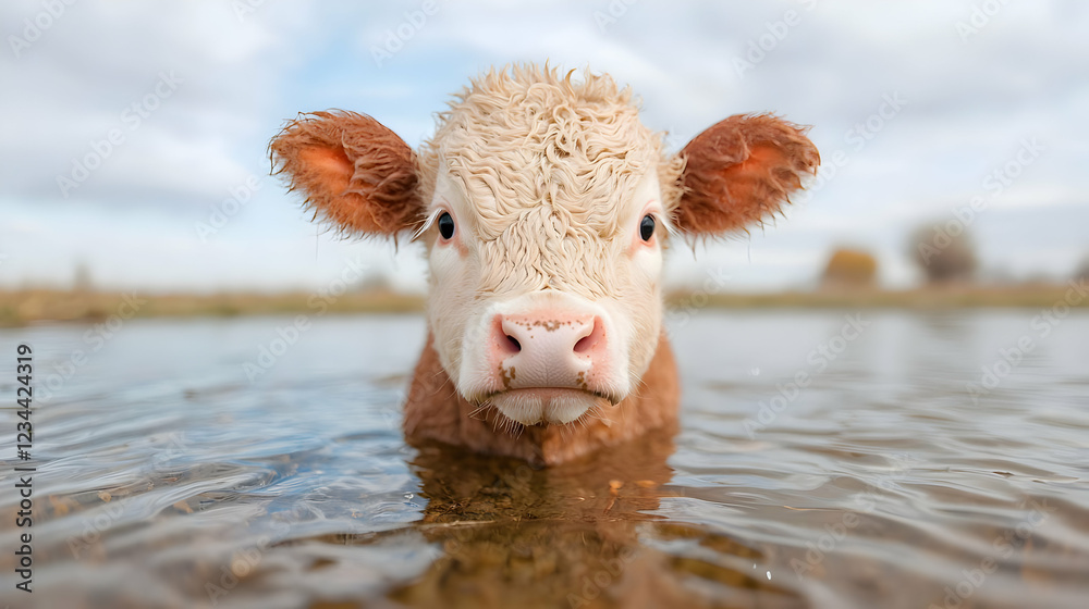 Calf wading in shallow water, farm field background