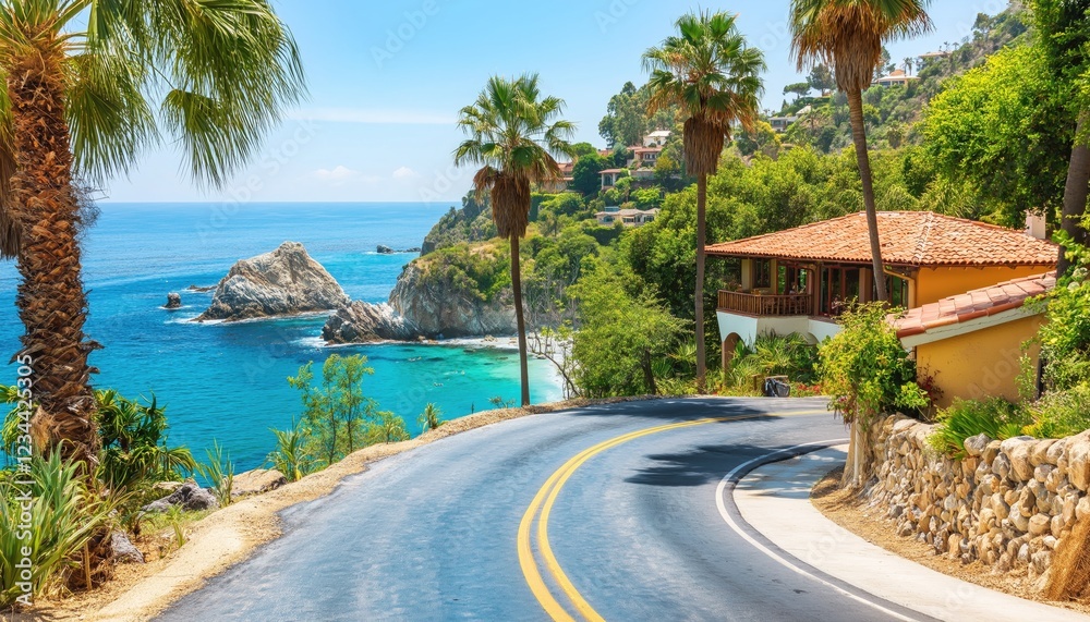 Scenic Coastal Road with Palm Trees and Turquoise Ocean View