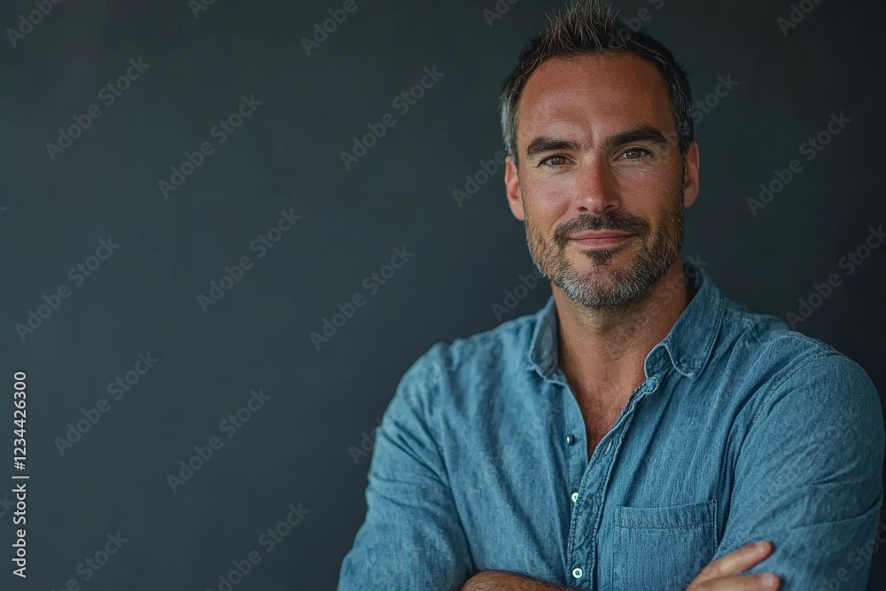Fototapeta premium Calm man with arms crossed, looking directly at the camera with a slight smirk, against a dark gray background.