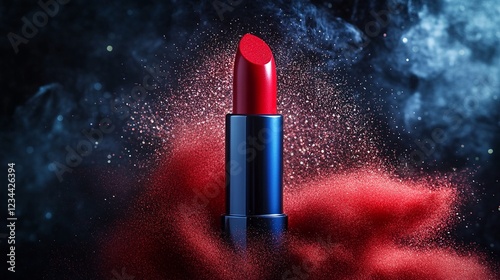 A red lipstick on a dark background with sparkles. photo