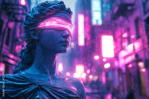 Futuristic statue with neon lights in urban setting.