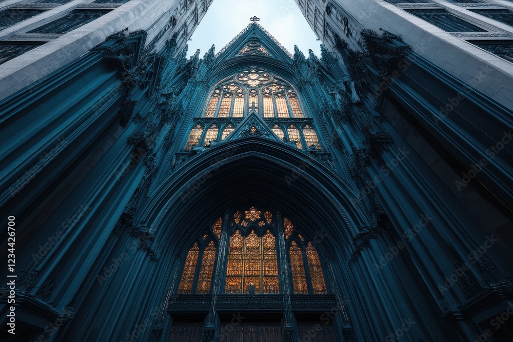 Fototapeta premium Majestic Gothic Cathedral Soaring Against a Clear Blue Sky, Showcasing Intricate Architecture and Timeless Beauty