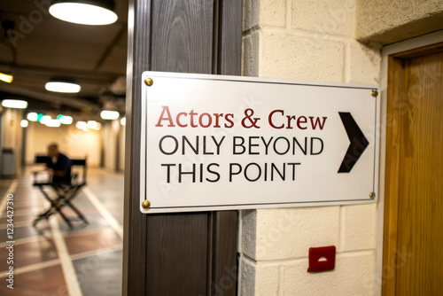 A sign indicating restricted access for non-actors and crew members, featuring a directional arrow and a professional setting backdrop. photo