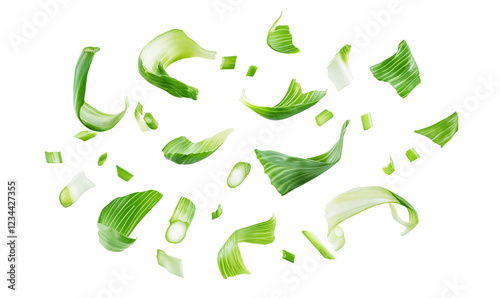 Fresh Green Onions Chopped in Mid-Air, Falling Scallions, Dynamic Food Photography, Sliced Spring Onion Pieces, Organic Cooking Ingredient, Healthy Vegetable, Isolated on Transparent Background photo