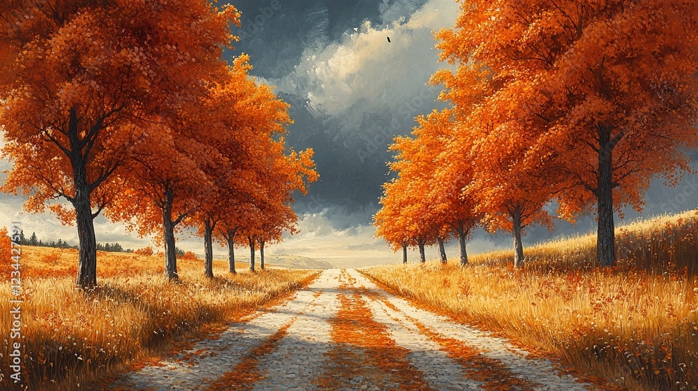 Fototapeta premium a serene autumn landscape featuring a winding dirt road lined with vibrant orange trees and lush golden grass under a cloudy sky.