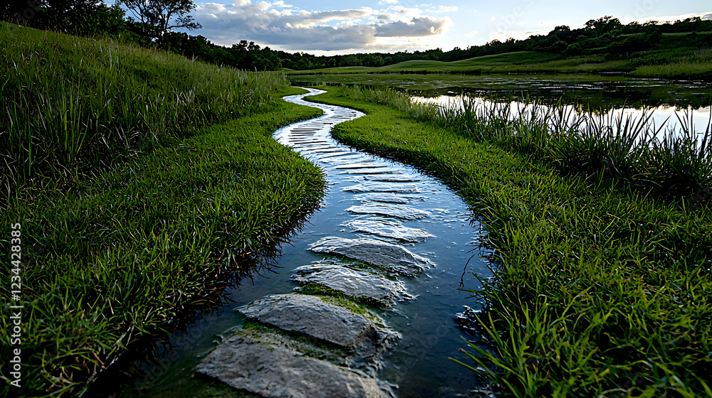 Serpentine stream path, grassy meadow, sunset, nature scene Serpentine stream path, grassy meadow, sunset, nature scene
