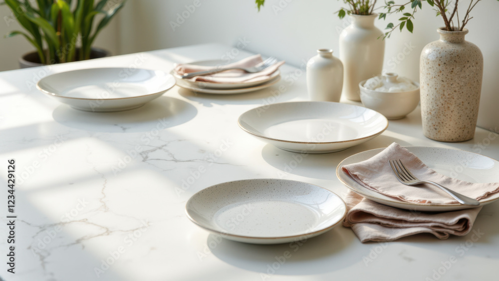 Celebration table setting with plates and napkins on marble countertop. Celebration table setting with plates and napkins on marble countertop.