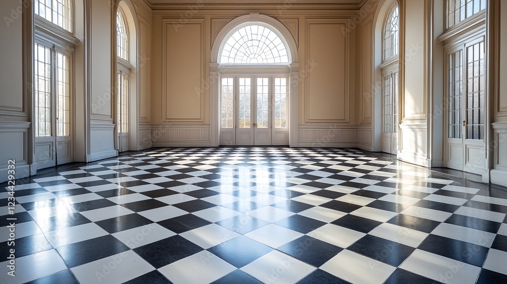 an empty room with black and white checkered flooring. an empty room with black and white checkered flooring.