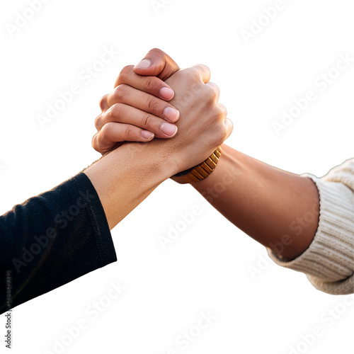 Two hands holding wrist of each other, strong grip, isolated on PNG format.
