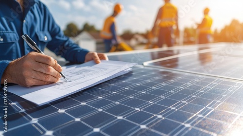 A homeowner signing government incentive documents for solar panel installation, with a representative explaining financial benefits such as rebates, tax credits, and net metering. In the background,