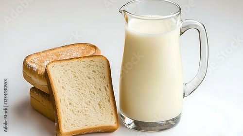 Milk and toast breakfast; simple food; white background. Use Food blogs, recipes photo