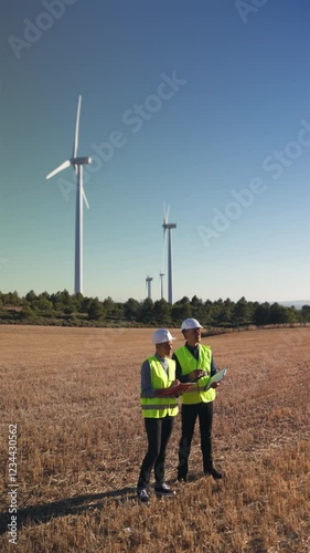 Engineers discussing plans in a wind turbine field