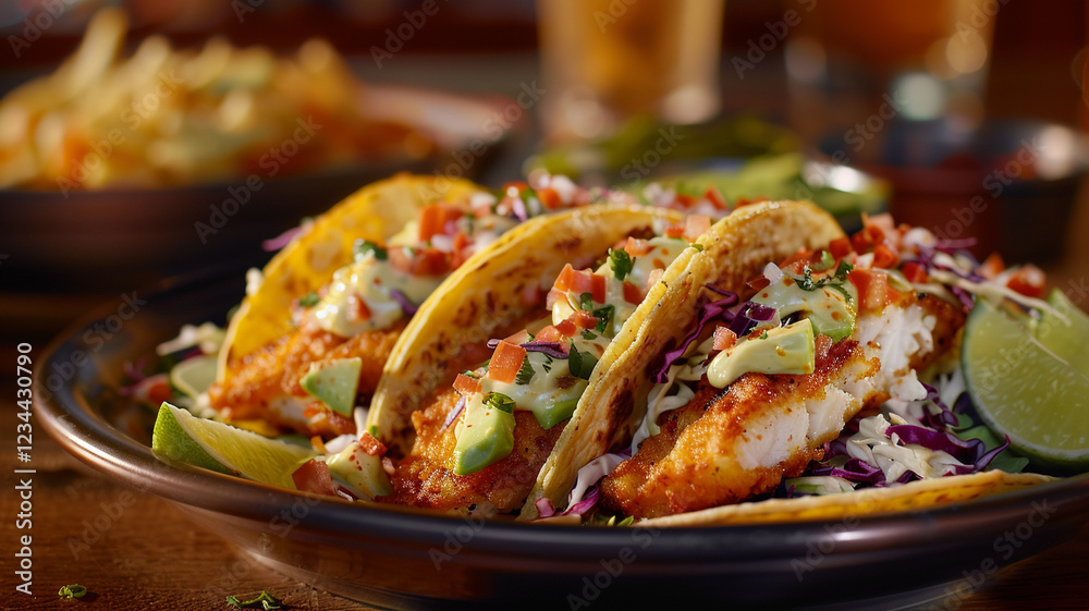 A vibrant plate of fish tacos, featuring crispy fish, fresh slaw, sliced avocado, and a drizzle of lime crema for a perfect balance of flavors