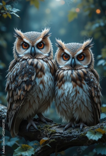 Majestic Owls: A Serene Forest Portrait in Detailed Featherwork photo