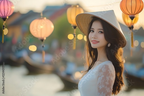 A beautiful Vietnamese woman in a white dress and conical hat stands on the banks of the Hoi An River.