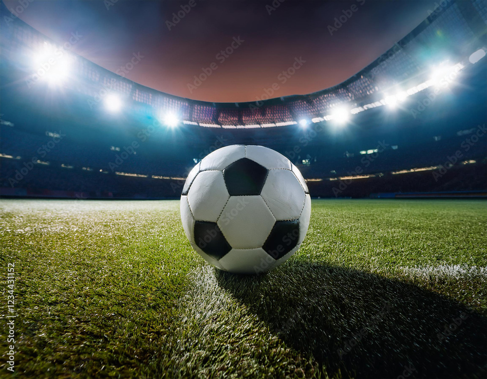 Fototapeta premium Close up of a soccer ball in the center of the stadium illuminated by the headlights