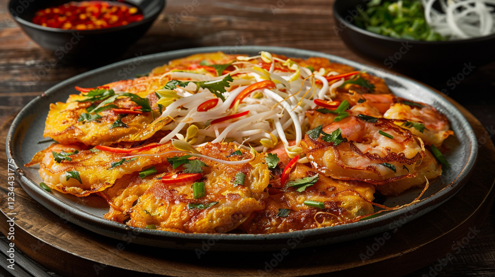 A satisfying serving of bánh xèo, showcasing golden pancakes filled with shrimp and crunchy bean sprouts, perfect for dipping in sauce A satisfying serving of bánh xèo, showcasing golden pancakes filled with shrimp and crunchy bean sprouts, perfect for dipping in sauce