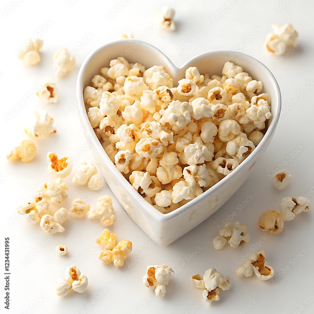 Fresh popcorn in white heart shaped bowl isolated on white Background Fresh popcorn in white heart shaped bowl isolated on white Background