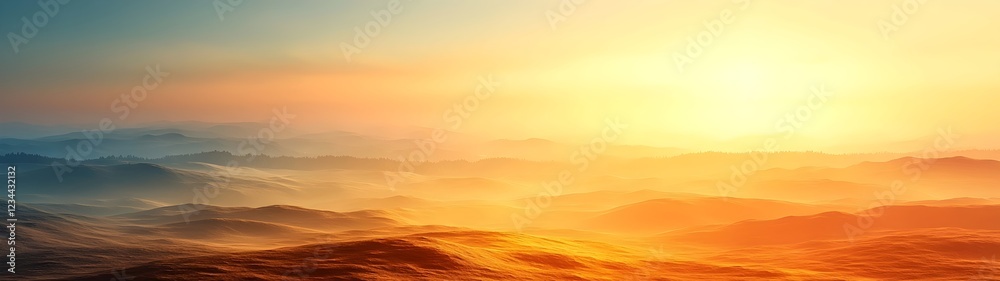 Fototapeta premium A breathtaking landscape at sunrise, showcasing rolling hills bathed in warm orange and golden hues, creating a serene and tranquil atmosphere in the early morning light.