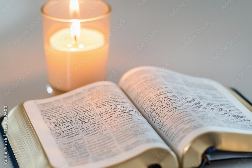Fototapeta premium Close-up view of an open Bible with highlighted passages next to a lit candle, symbolizing reflection during Easter celebrations in 2025