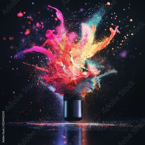 Vibrant explosion of colorful powder from jar with dynamic burst of multi-colored dust particles in motion photo