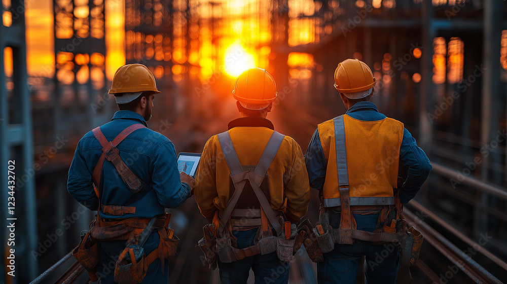 Team of Engineers Overlooking a Construction Project in Golden Hour Team of Engineers Overlooking a Construction Project in Golden Hour