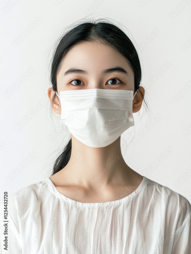 A photograph in studio lighting set up, shot of a asian woman wearing PM2.5 mask isolate on white background A photograph in studio lighting set up, shot of a asian woman wearing PM2.5 mask isolate on white background