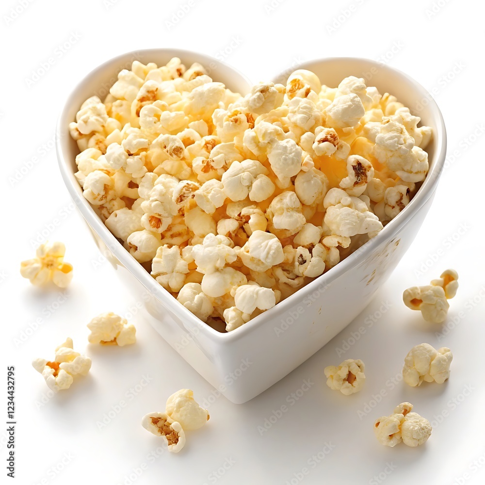 Fresh popcorn in white heart shaped bowl isolated on white Background Fresh popcorn in white heart shaped bowl isolated on white Background