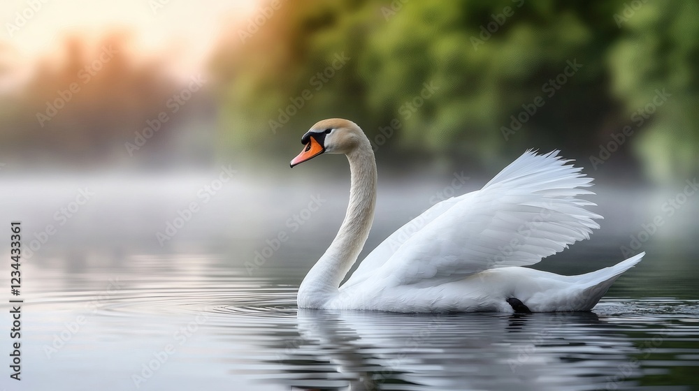 Fototapeta premium Serene Swan on Misty Lake: A Peaceful Sunrise Painting