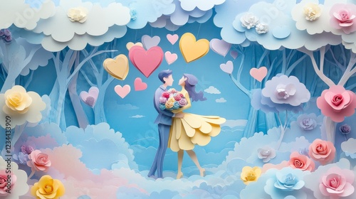 Romantic Couple Dancing in Paper Heart Rain with Multicolored Roses - Dreamy Pastel Sky Background