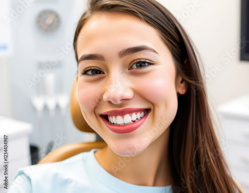 Mujer joven adolescente sonriendo en el consultorio del dentista.

