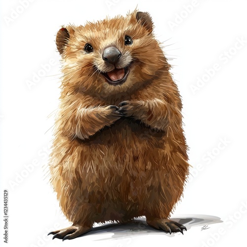 Happy Wombat with Soft Fur and Cheerful Expression Standing on White Background