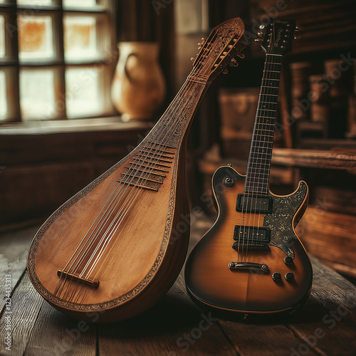wooden mandolin and electric guitar placed in rustic setting, showcasing intricate details and craftsmanship. warm tones create cozy atmosphere, perfect for music lovers