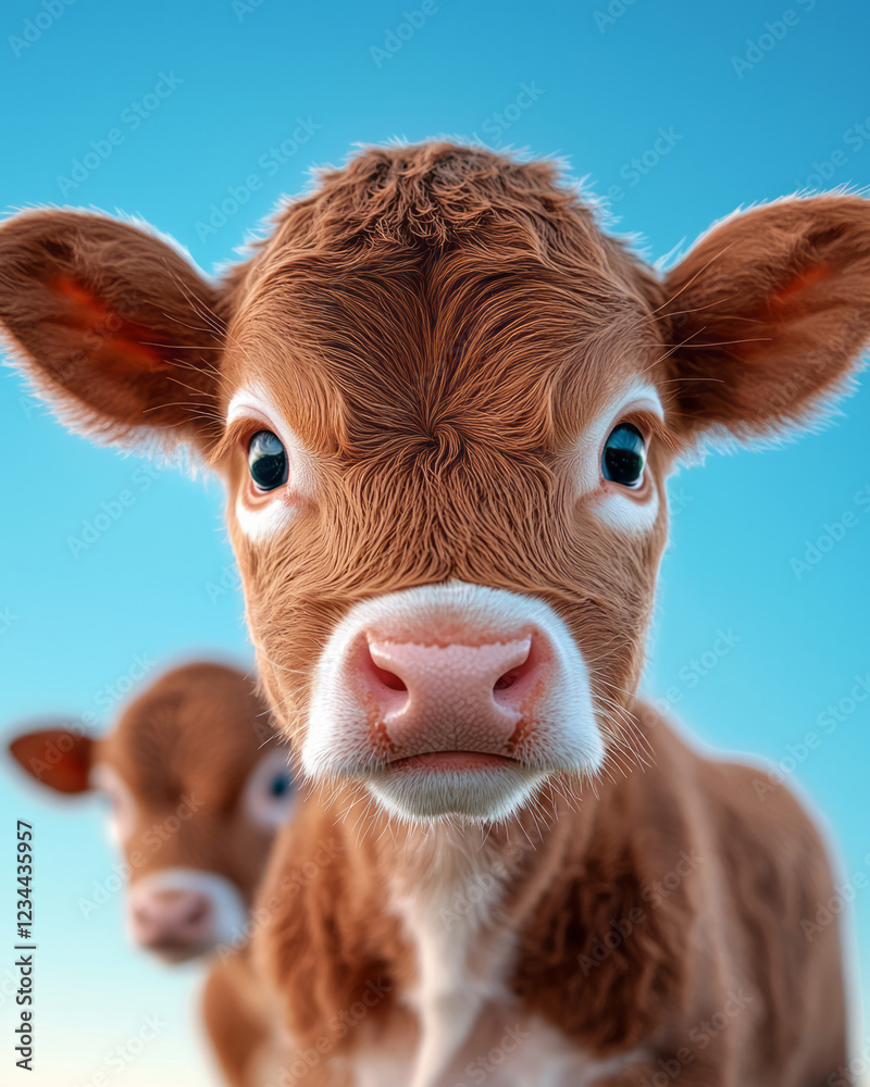 An artistic low-position photograph highlighting the calf’s eyes and distinctive fur patterns, as another stands behind in the luminous summer light, An artistic low-position photograph highlighting the calf’s eyes and distinctive fur patterns, as another stands behind in the luminous summer light,