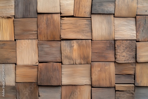 Close-up of rustic wooden square tiles in various brown tones photo