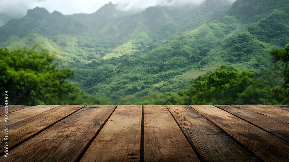 Empty wooden tabletop with green hills background for advertising and presentation. Selective focus on tabletop Empty wooden tabletop with green hills background for advertising and presentation. Selective focus on tabletop